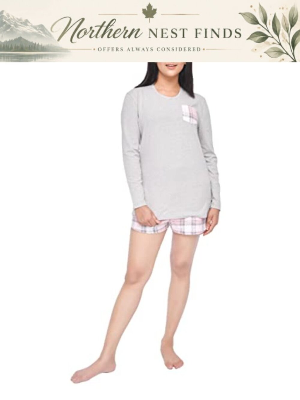 Women's 2 Piece Pajama Set Short Sleeve Pocket Tee and Check Shorts